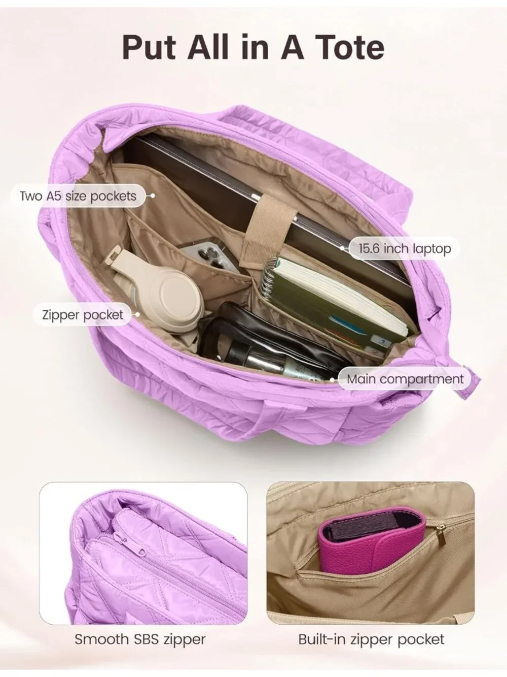👜Women's Purple Puffer Tote Bags Lightweight Quilted Work For Travel